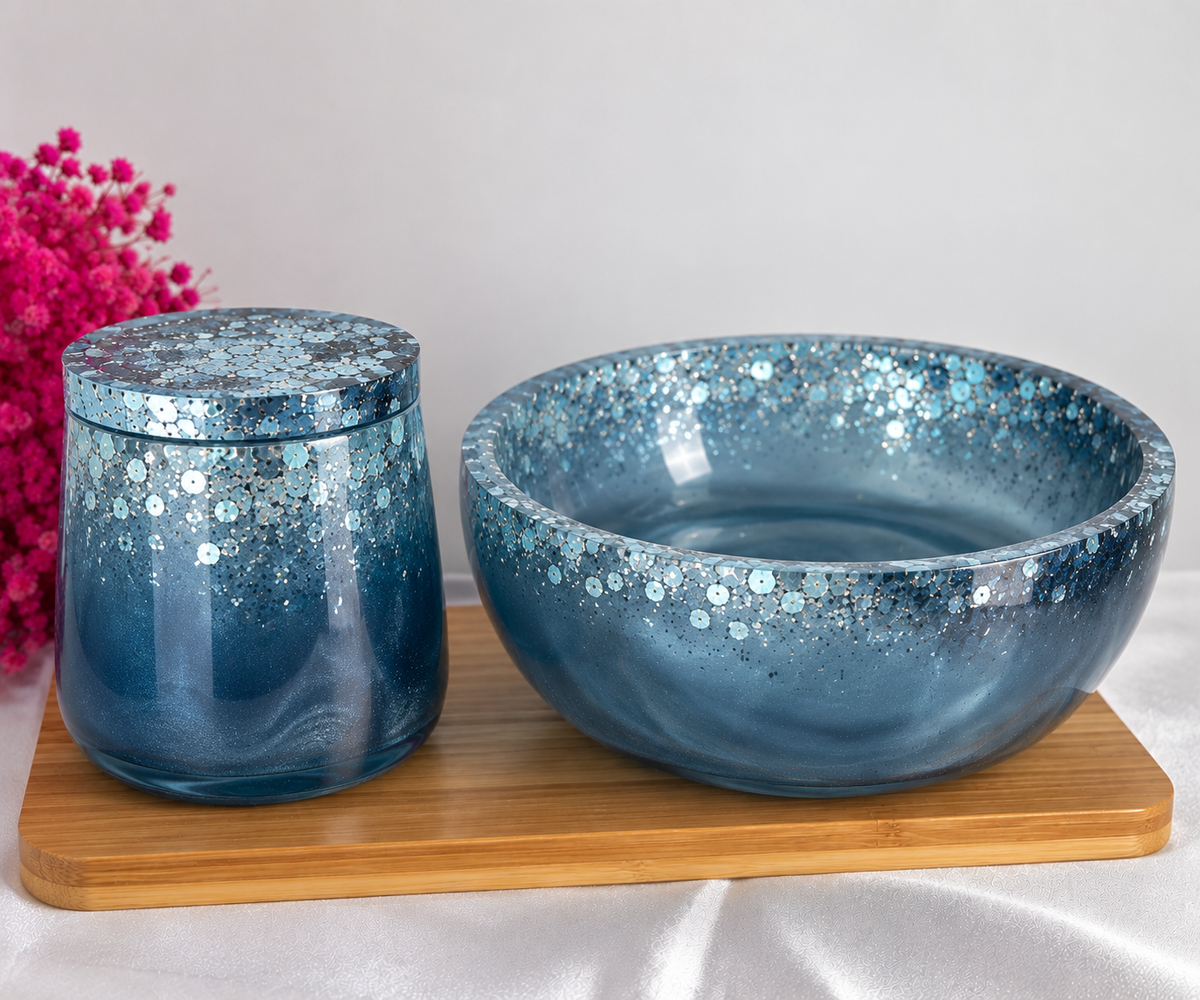 Große Schale und Schatzdose für ulli_koop in Steel Blue mit Glitzer ice Blue
